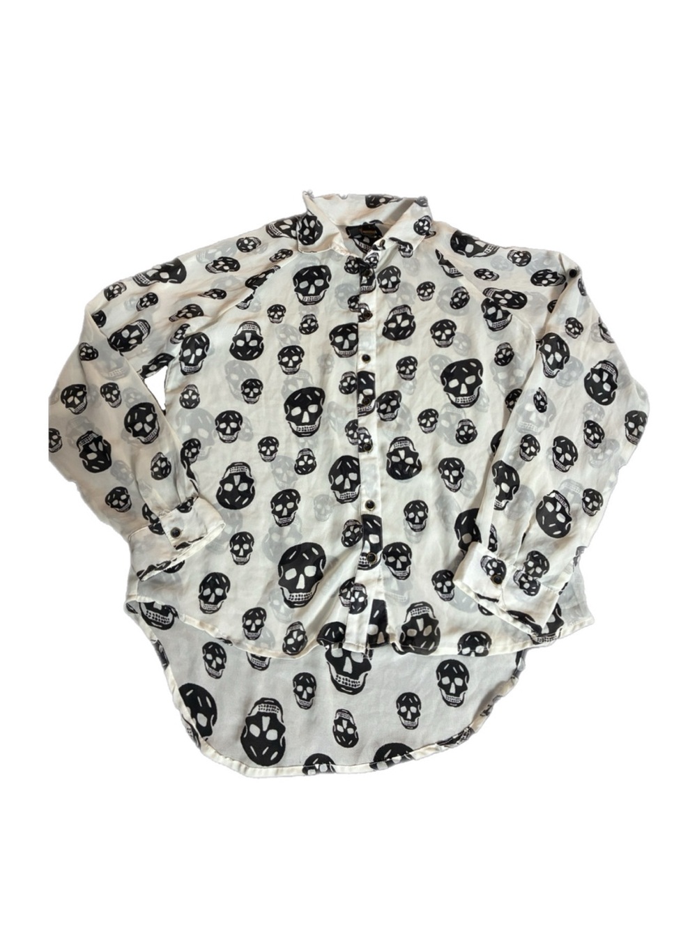 Fun & Flirt Skull Gothic Shirt White/Black Button-Up Lightweight Chiffon Large
